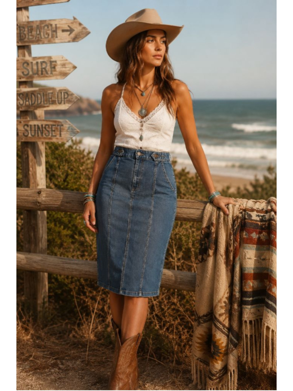 CHAPS Women's Midi  Denim Pencil Skirt Sz 10 Cotton Blend — 90s/Y2K Coastal West